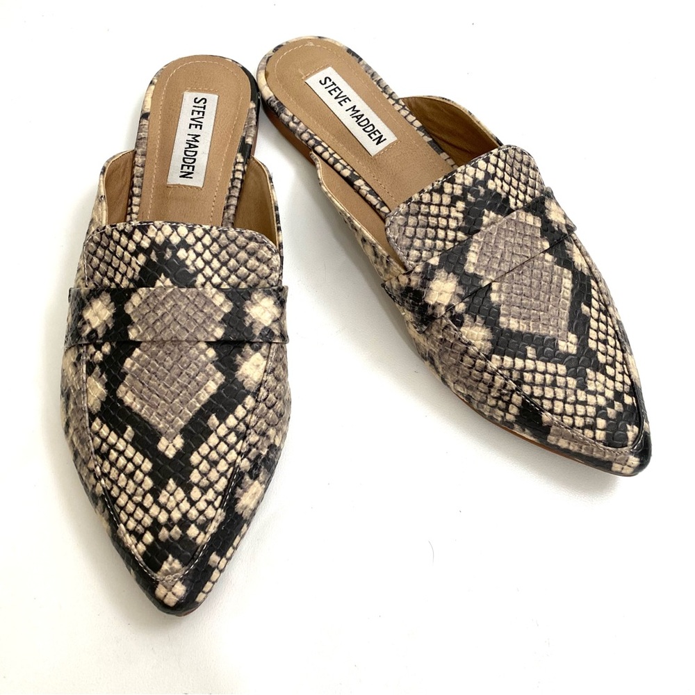 Steve Madden Snake Print Mules Pointed Toe Flats Slip On 7 Womens Comfort Shoes